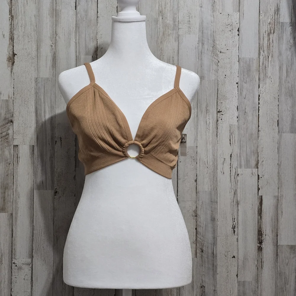 Aerie Tan Seamless Ribbed Ring Plunge Bralette Size XL - Picture 1 of 6